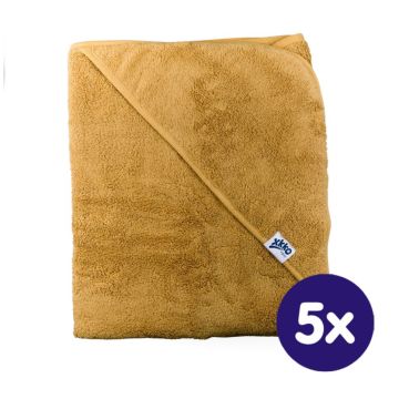 BIO bavlněná froté osuška s kapucí XKKO Organic 90x90 - Honey Mustard 5x1ks (VO bal.)